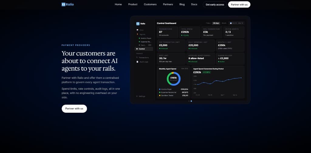 Control dashboard with spending limits, policy enforcement, and audit logs