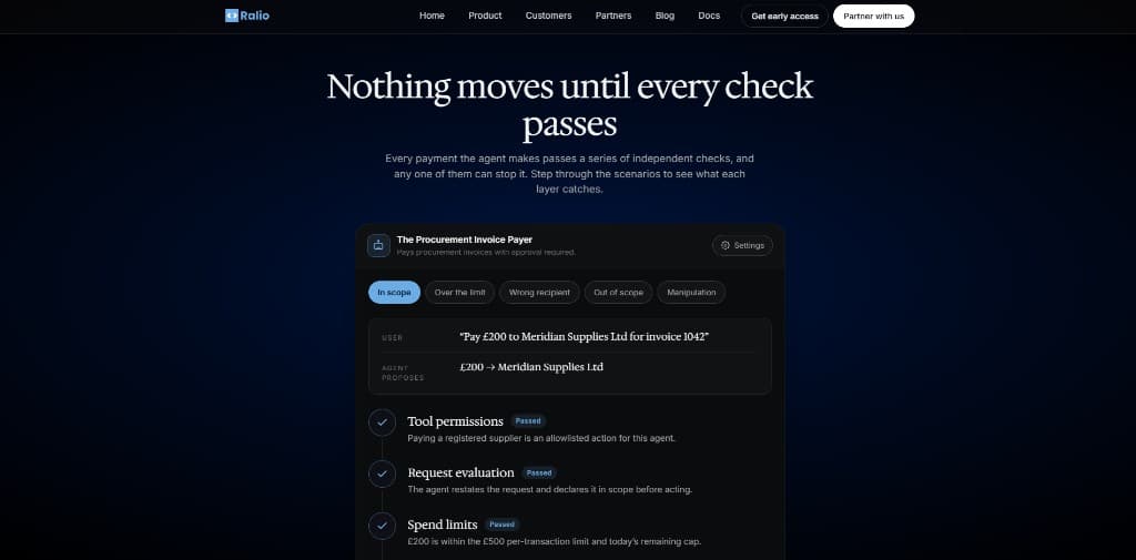 Payment verification workflow with tool permissions, spend limits, and policy checks